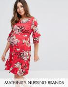 Gebe Maternity Nursing Floral Printed Tea Dress With Fluted Sleeve - Multi