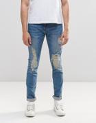 Pull & Bear Jeans In Slim Fit With Rips In Vintage Blue - Blue