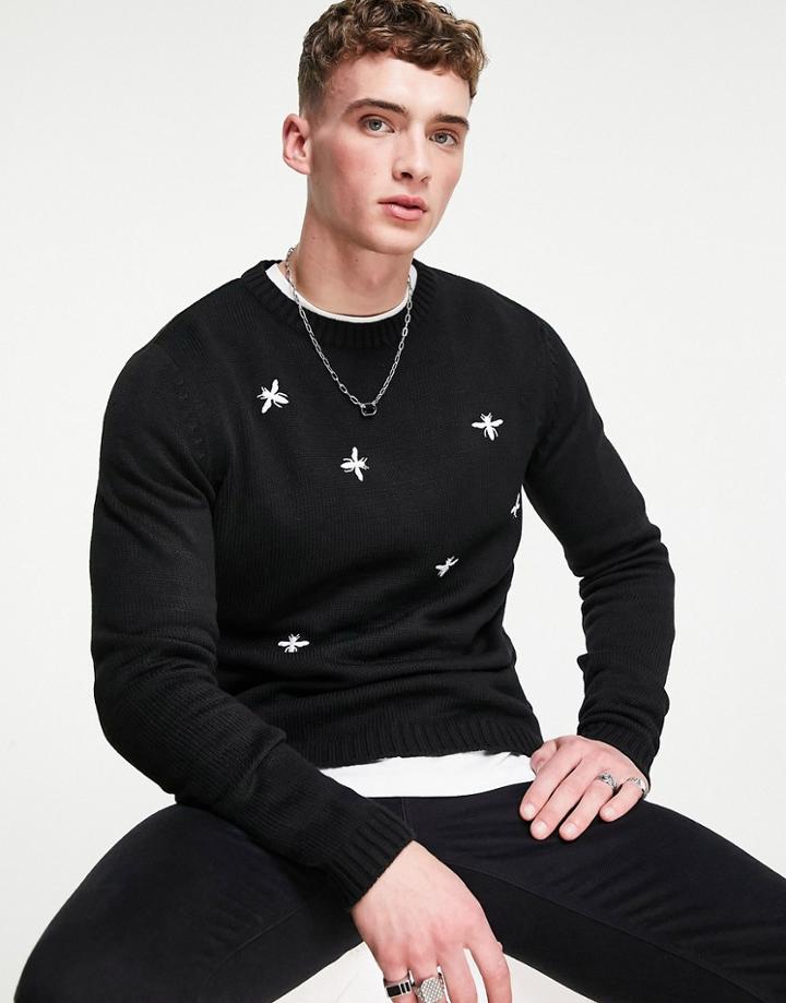 Bolongaro Trevor Bee Embroidered Crew Neck Sweater-black