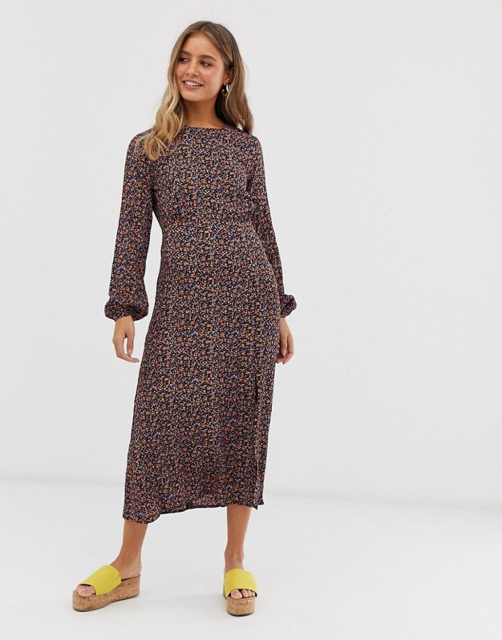 New Look Long Sleeve Split Midi Dress In Dark Floral Print - White