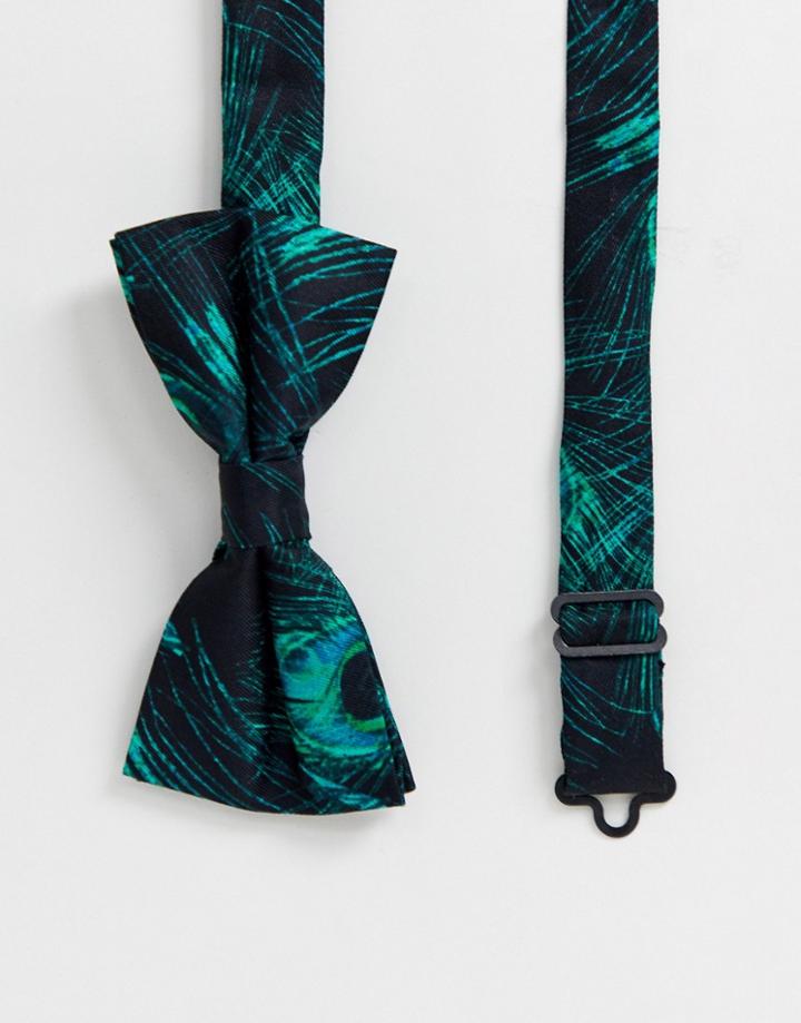Twisted Tailor Bow Tie With Peacock Feather Print In Green