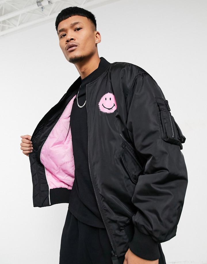 Bershka Smiley Bomber Jacket In Black