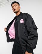 Bershka Smiley Bomber Jacket In Black