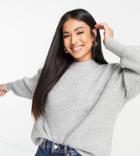 Asos Design Petite Crew Neck Sweater In Rib With Fluffy Yarn In Gray