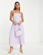 Asos Design Elasticated Tie Back Pleated Midi Dress In Lilac-purple