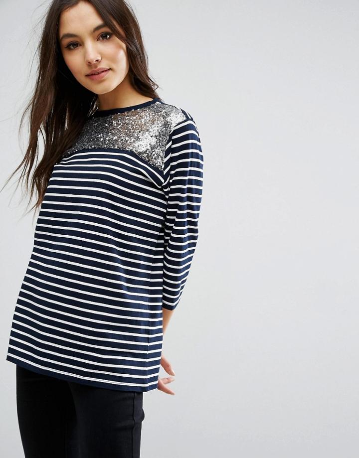 Asos T-shirt With Sequin Yoke In Stripe - Navy