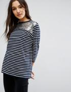 Asos T-shirt With Sequin Yoke In Stripe - Navy
