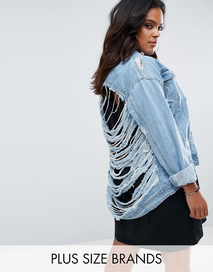 Missguided Plus Shredded Denim Jacket - Blue