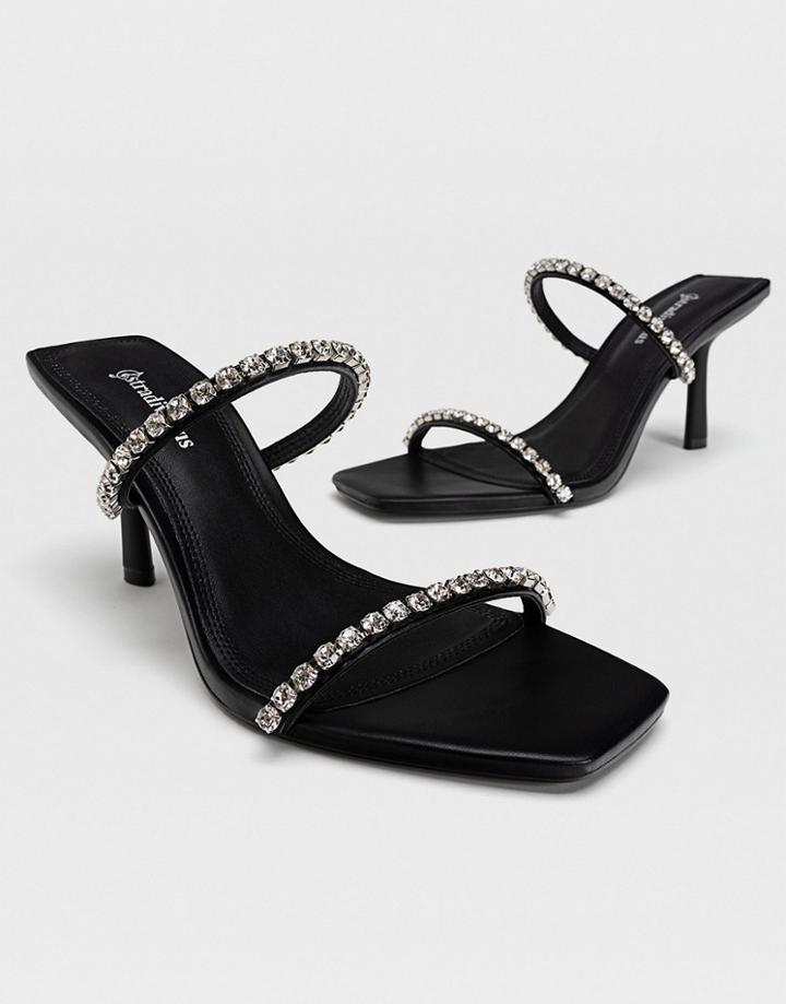 Stradivarius Mid Heeled Mules With Rhinestone Straps In Black