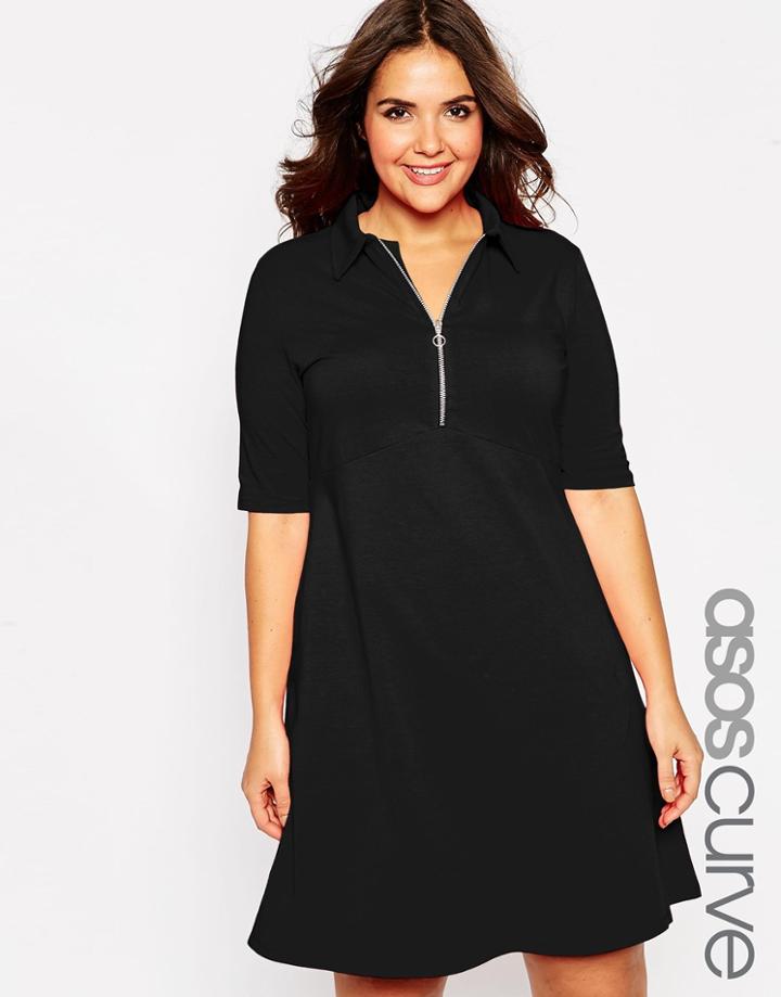Asos Curve Polo Skater Dress With Collar & Zip - Black
