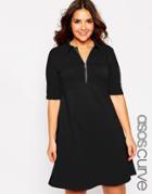 Asos Curve Polo Skater Dress With Collar & Zip - Black