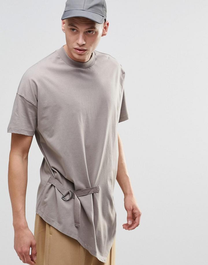 Asos Longline T-shirt With Drape Detail Strapping And Military D Ring - Beige