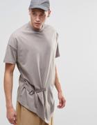 Asos Longline T-shirt With Drape Detail Strapping And Military D Ring - Beige