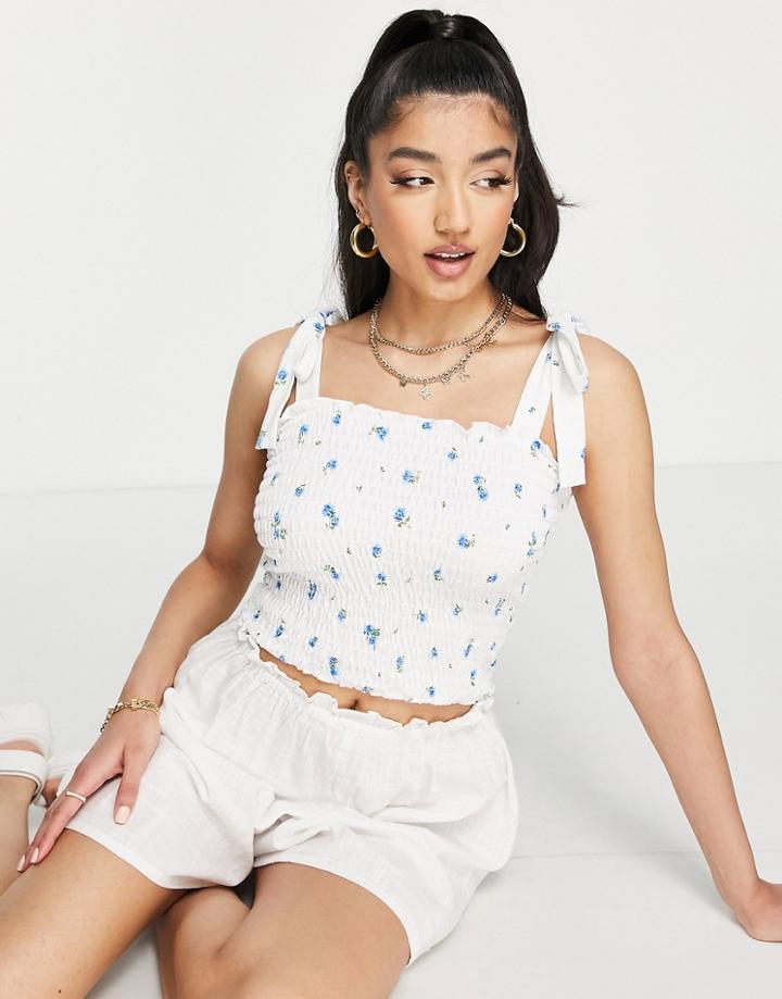 Jdy Shirred Tie Cami Sleeve Top In White And Blue Floral
