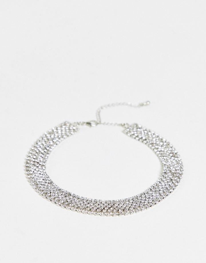 True Decadence Wide Collar Choker Necklace In All-over Crystal-silver