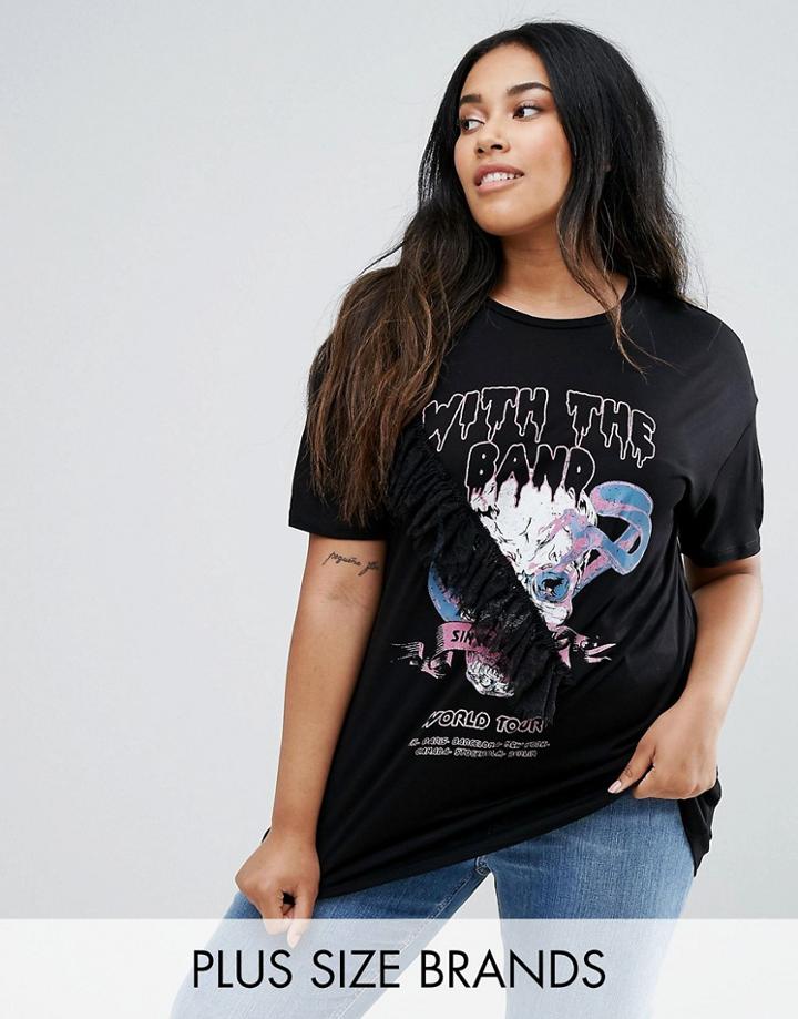 New Look Plus Slogan Frill Detail T-shirt - Black