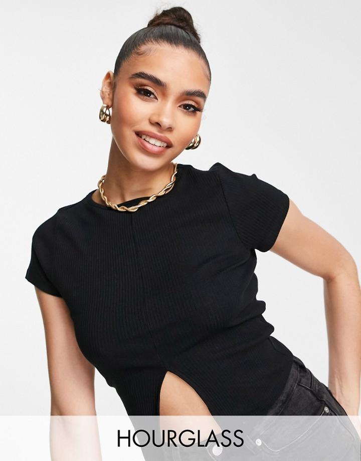 Asos Design Hourglass Top With Split Front And Cap Sleeve In Black
