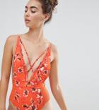 River Island Floral Print Lattice Plunge Swimsuit - Red