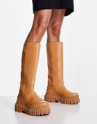 Asos Design Counter Premium Leather Chunky Pull On Boots In Camel-neutral
