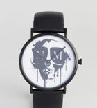 Noose & Monkey Watch With Leather Strap With Skull - Black