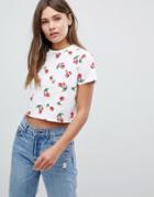Asos Crop T-shirt In Cherry Print - White