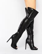 Missguided Over The Knee Boot With Peep Toe - Black Pu