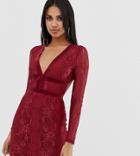 Prettylittlething Lace Insert Open Back Bodycon Dress In Burgundy - Red