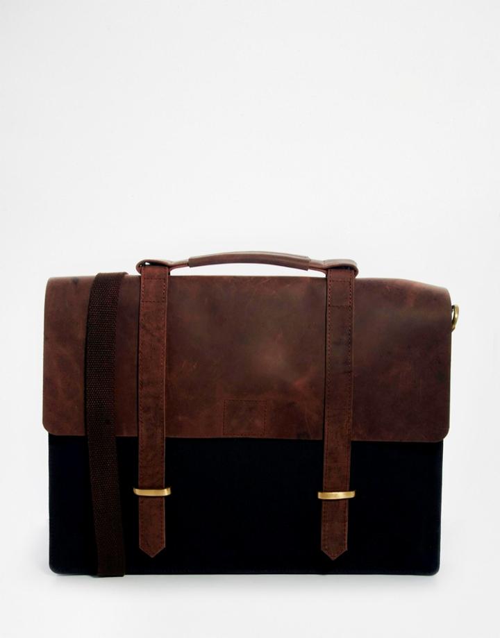 Asos Satchel In Navy Canvas And Leather - Navy