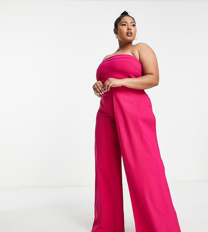 Vesper Plus Bandeau Ruffle Detail Jumpsuit In Raspberry-pink