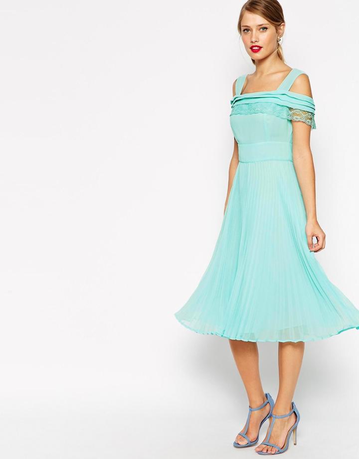 Asos Cold Shoulder Pleated Midi Dress - Cream