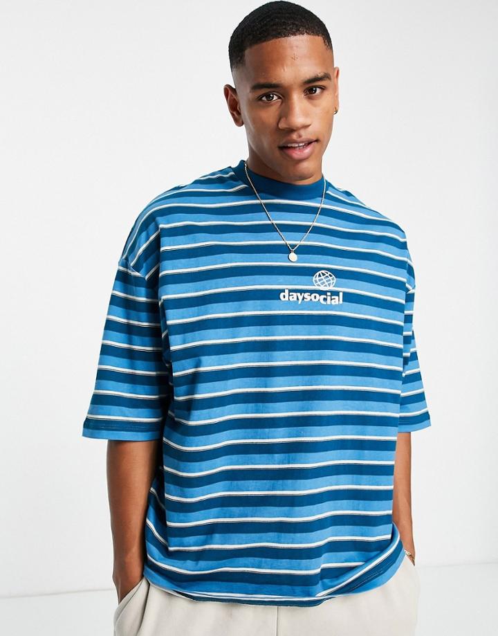 Asos Daysocial Oversized T-shirt In All Over Stripe With Logo Print In Navy