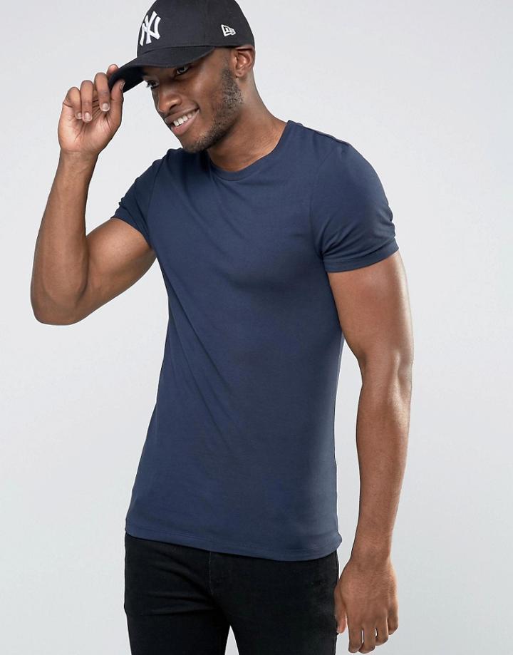 Asos Extreme Muscle T-shirt With Crew Neck And Stretch - Navy