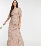 Maya Tall Flutter Sleeve All Over Patterned Sequin Dress In Taupe Blush-pink