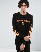 Criminal Damage Long Sleeve T-shirt In Black With Flame Print - Black