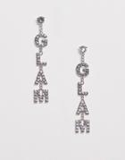 Asos Design Earrings In Crystal Glam Slogan Design In Silver Tone - Silver