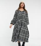 Asos Design Curve Textured Midi V-neck Swing Dress In Black And White Plaid