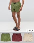 Asos Swim Shorts 3 Pack In Khaki Plum & Stone Short Length Save - Multi