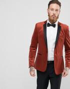 Asos Skinny Blazer In Rust Velvet - Red