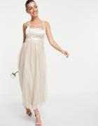 Vila Bridal Dress With Satin Bodice And Tuelle Skirt In Neutral-grey