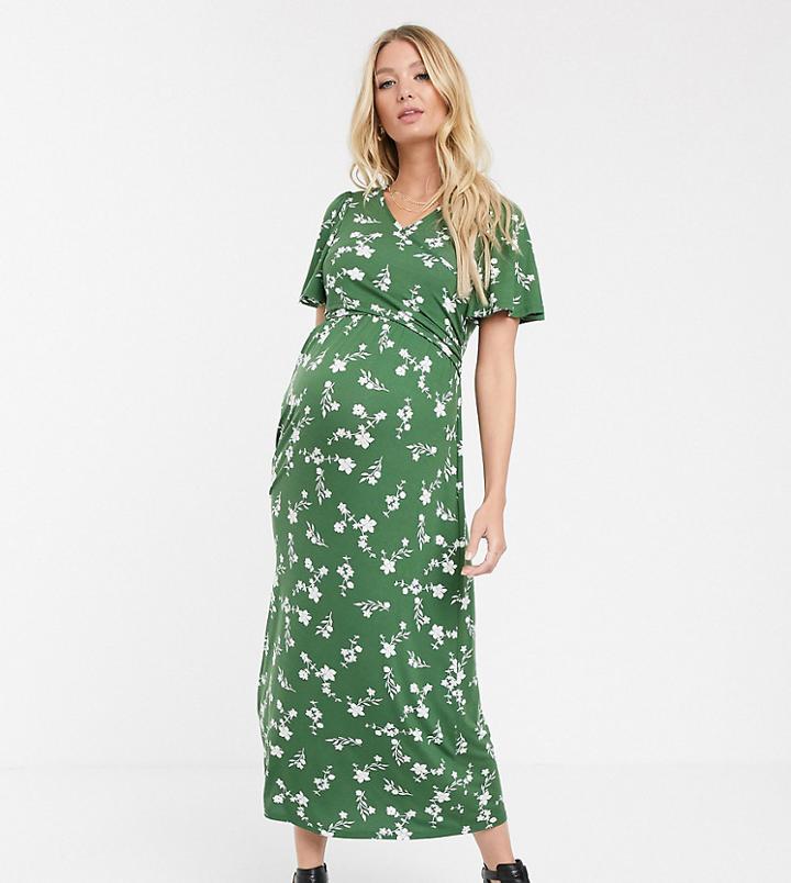 Asos Design Maternity Exclusive Nursing Wrap Bodice Midi Tea Dress In Ditsy Print-green