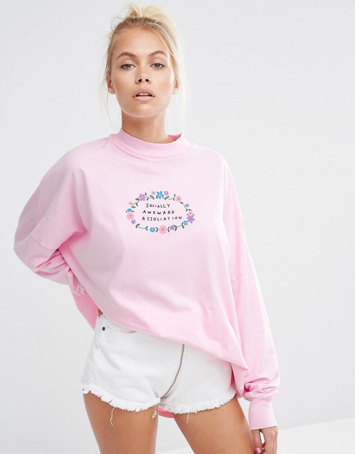 Lazy Oaf High Neck Long Sleeve T-shirt With Awkward Print - Pink