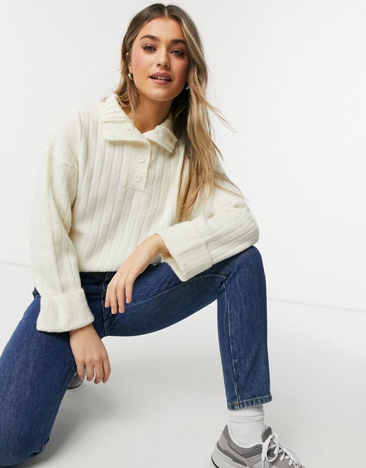 Asos Design High Neck Sweater With Placket Detail In Cream-white