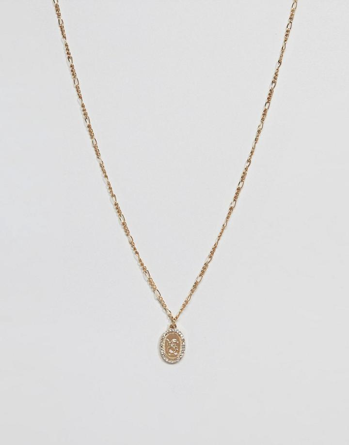 Asos Design Necklace With Pave Crystal Vintage Style Cupid Pendant In Gold - Gold