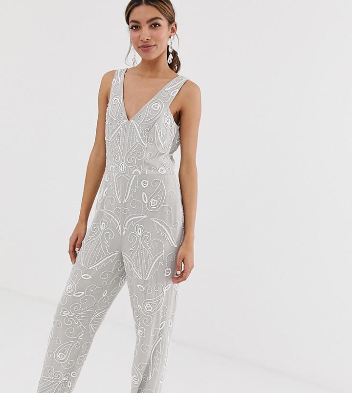 Miss Selfridge Tapered Leg Jumpsuit With Embellishment In Gray - Gray