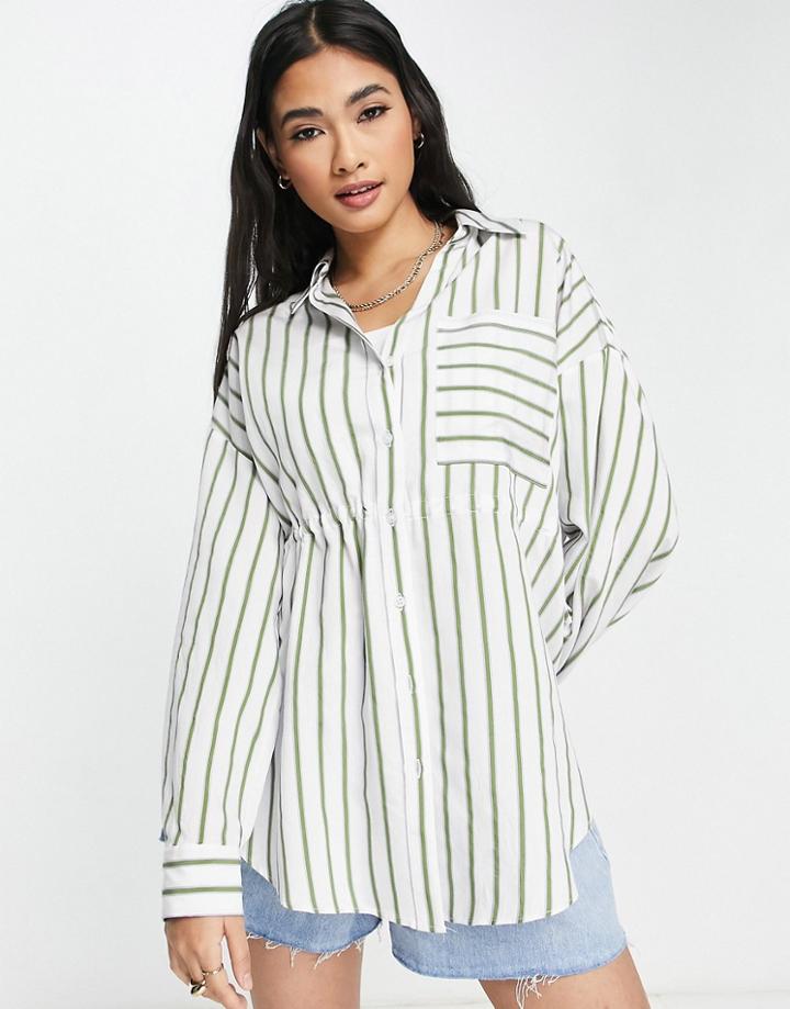 Topshop Tie Waist Stripe Shirt In Green