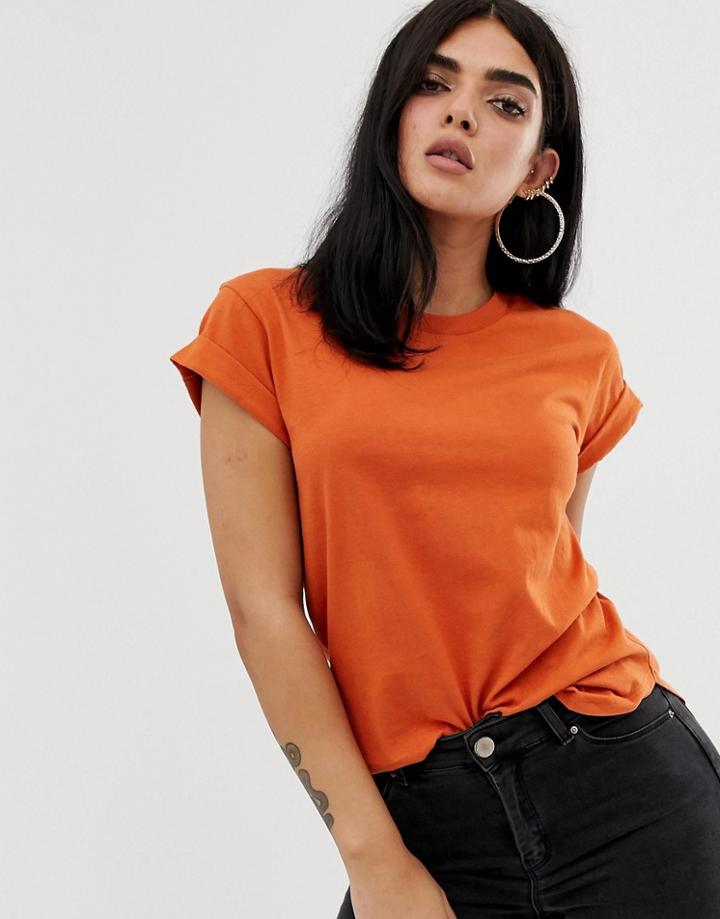 Asos Design T-shirt In Boyfriend Fit With Rolled Sleeve And Curved Hem In Rust-red