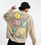 Asos Daysocial Oversized Long Sleeve T-shirt With Multi Abstract Print In Light Brown