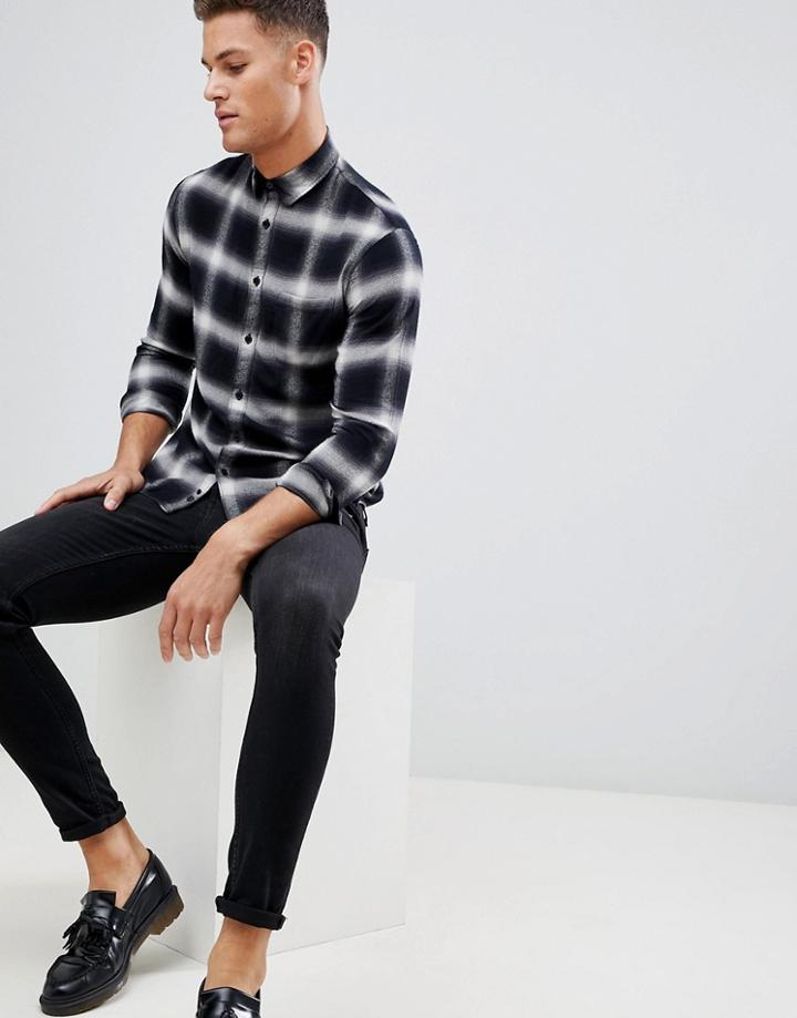 Celio Long Sleeve Viscose Shirt In Check - Black