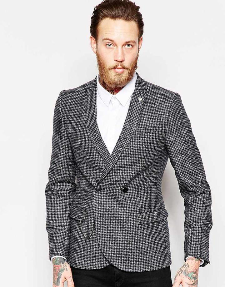 Noose & Monkey Puppytooth Double Breasted Blazer With Chain In Super Skinny Fit - Gray