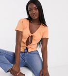 Missguided Ribbed Tie Front Crop Top In Peach-orange